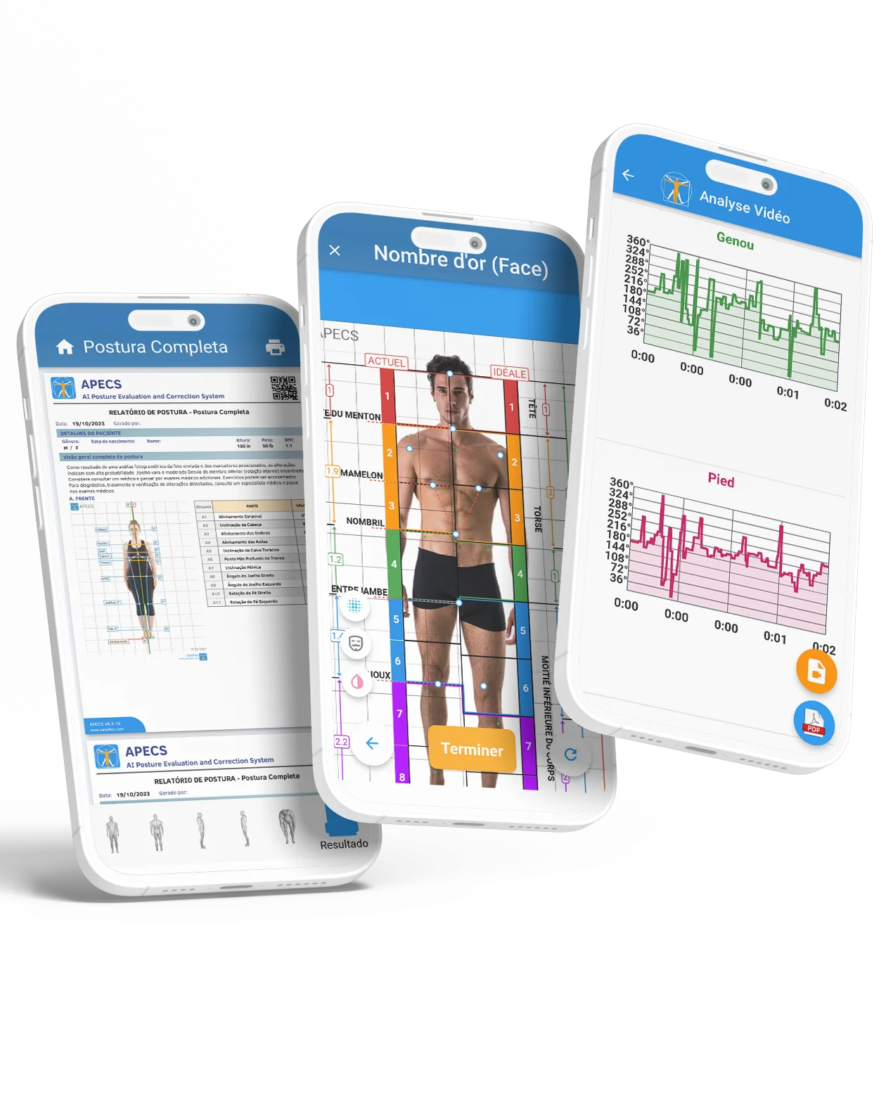 Three phone screens showing APECS posture analysis report, body golden ratio analysis, and dynamic posture video analysis interface